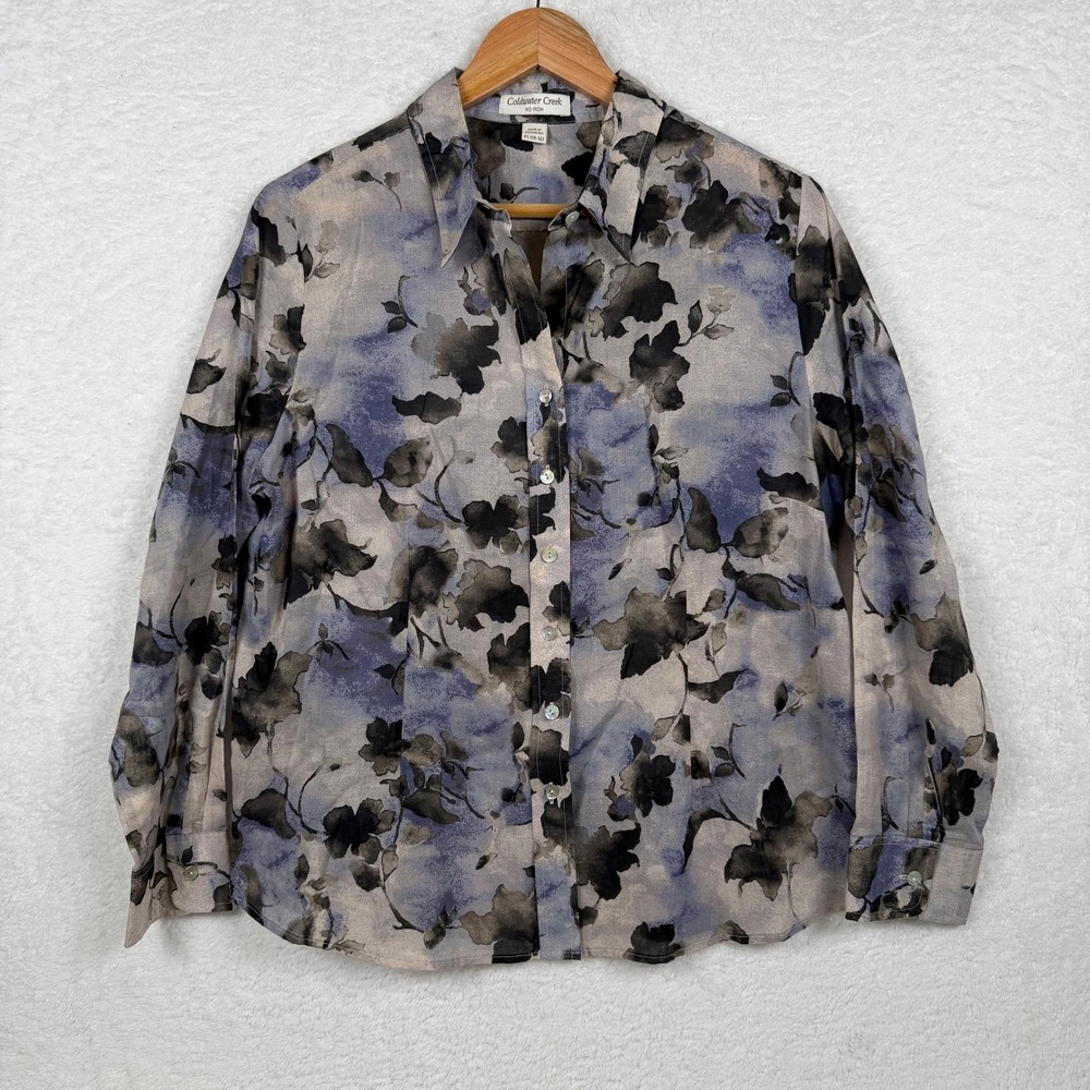 Coldwater Creek Button Front Blouse Womens PL Blue Floral No‎ Iron Cotton Top
